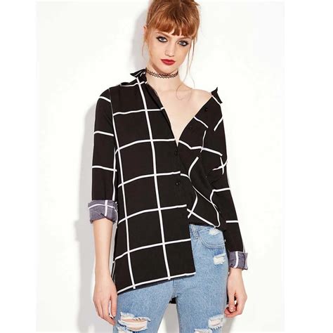 Blusas Mujer De Moda Women Black White Plaid Long Sleeve Double Layer