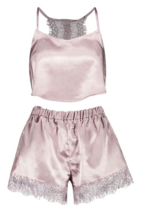 Boohoo Lace Racerback Satin Cami And Short Set