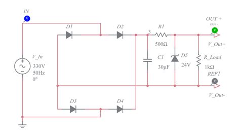 Full Wave Bridge Rectifier With Capacitor Filter And Zener Multisim Live