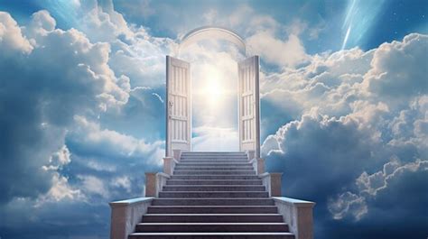 Stairway Leading To A Door In The Sky Surrounded By Cloud Premium AI