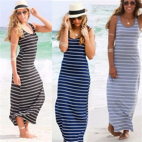 Sexy Women Summer Boho Long Maxi Dress Beach Sleeveless Tank Dresses Plus Size Striped Cotton