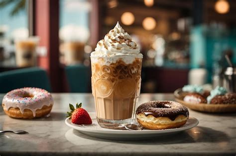 Premium Photo Ice Coffee With Whipped Cream And Donut