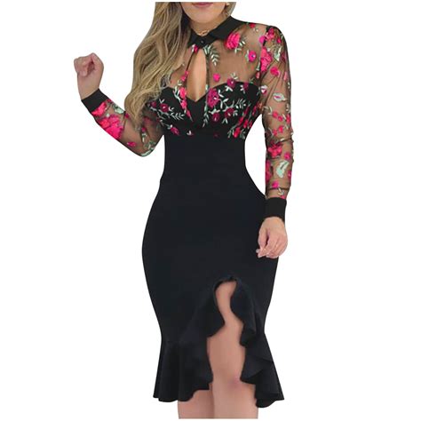 Hfyihgf Womens Ruffle Hem Slit Sexy Bodycon Party Cocktail Dress Elegant Embroidery Lace Dress