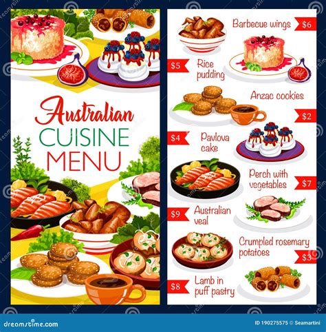 Australijska Kuchnia Kuchnia Dania Menu Kurczak Ryby Ilustracja Wektor