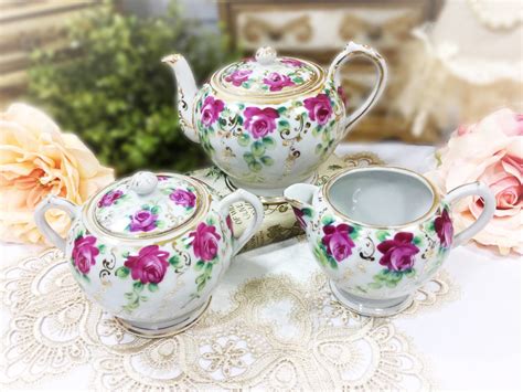 3 Piece Pink Floral English Teapot Set, Teapot, Creamer & Covered Sugar ...