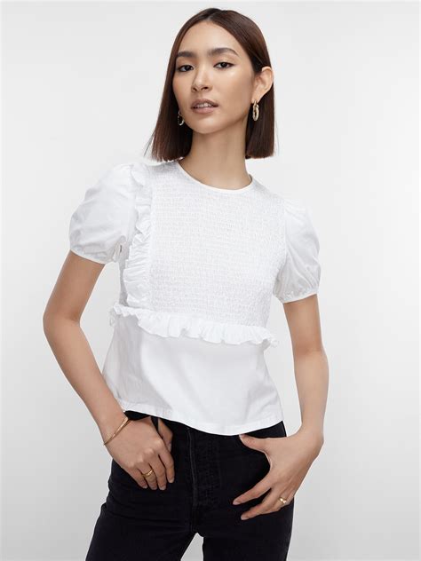 Front Smocked Puffed Sleeve Blouse White Pomelo Fashion