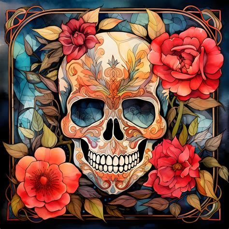 Stained Glass Window Showing Decorated Colorful Skull With Roses