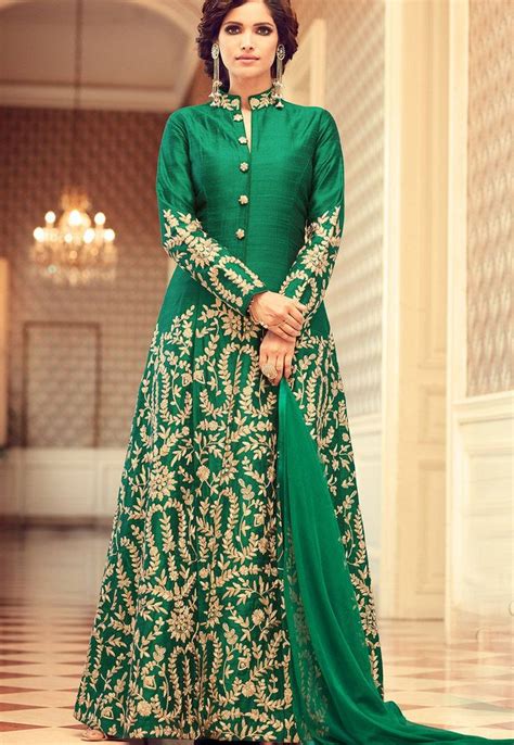 Buy Green Color Tafetta Silk Party Wear Anarkali Suit In Uk Usa And