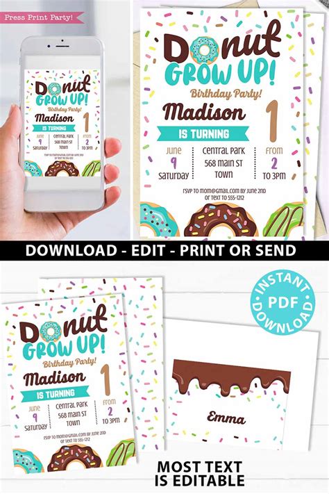 Donut Grow Up Invitation Printable Blue First Birthday