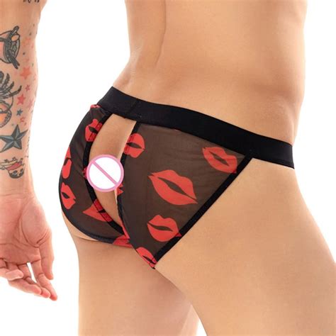 Open Back Briefs For Men Mesh Lip Print Panties See Through Gays Sexy Bikini Male Bulge Convex