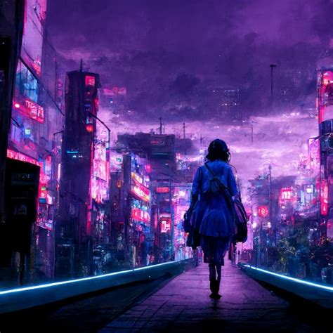 Premium AI Image | Anime girl walking in purple neon city