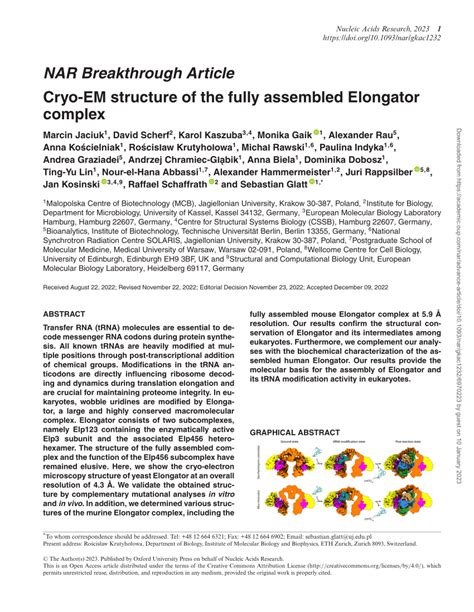 Pdf Cryo Em Structure Of The Fully Assembled Elongator Complex