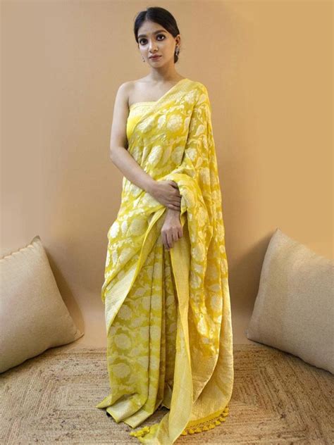 Buy Jinax Yellow And Silver Toned Floral Zari Pure Silk Banarasi Saree