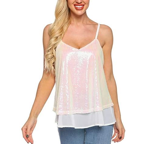 Womens Sequin Vest Tops Glitter Party Strappy Tank Top Sparkle Cami