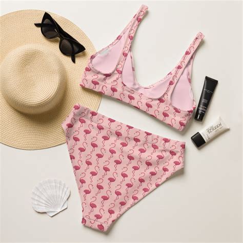 Pink Flamingos High Waisted Bikini Eco Friendly Recycled Material Gifts For Her Two Piece