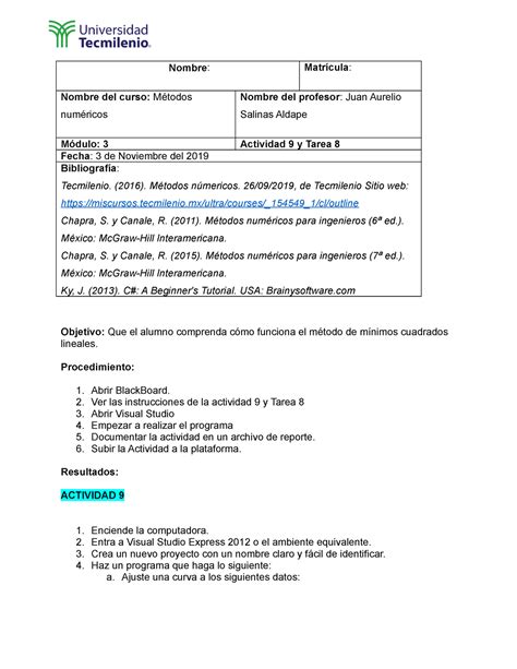 actividad 9 y tarea 8 de seis sigma Nombre Matrícula Nombre del