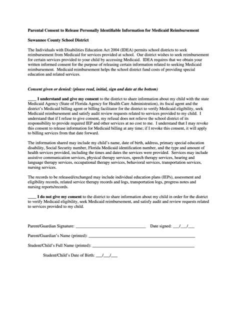 Medicaid Consent Form Suwannee County Schools Printable Pdf Download