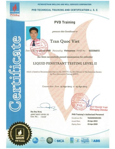 Certificate Of Dye Penetrant Testing Inspector Level 2