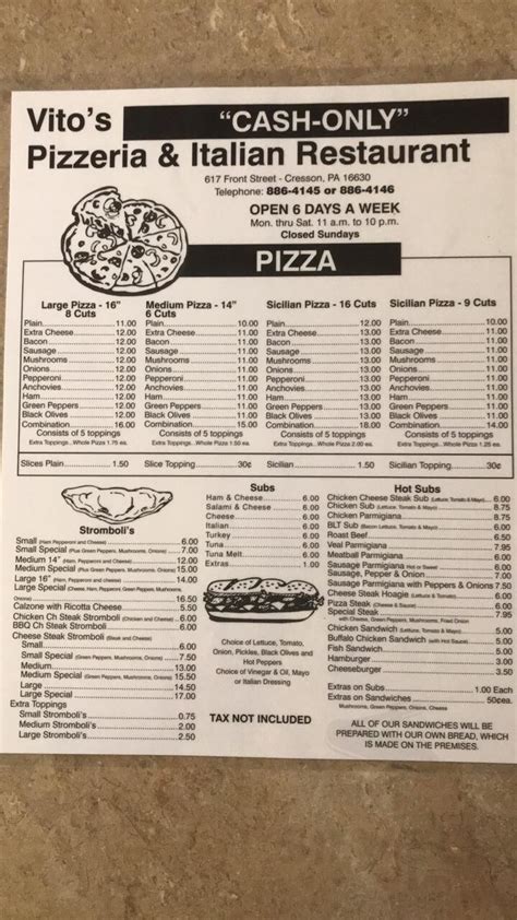 Vitos Restaurant And Pizzeria Menus In Cresson Pennsylvania United States