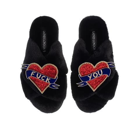 Classic Laines Slippers With Fuck You Brooches Black LAINES LONDON Wolf Badger