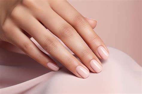 Glamour Woman Hand With Nail Polish On Her Fingernails Nude Shade Nail Manicure With Gel Polish