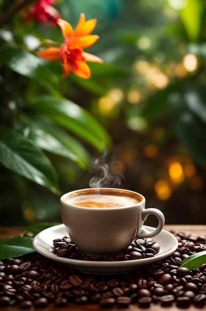 Premium AI Image A Cup Of Hot Coffee Surrounded By Roasted Coffee Beans And Fresh Leaves