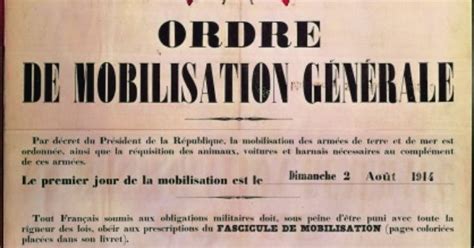 1914 1918 Ordre de mobilisation générale 2 août 1914 Guerre 1914