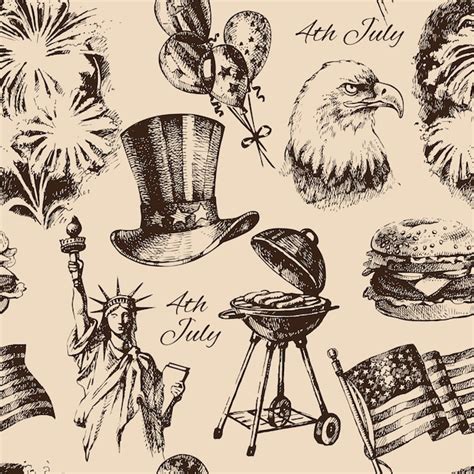 Premium Vector 4th Of July Seamless Pattern Hand Drawn Illustrations