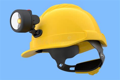 Yellow Safety Helmet Or Hard Cap With Flashlight Isolated On Blue