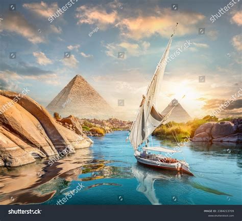 River Nile Boats Sunset Aswan Pyramids Stock Photo 2384213709