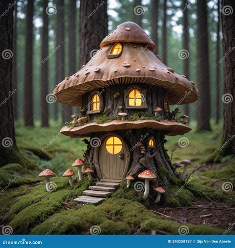 Enchanted Pine Wood Fairy House And Magical Mushroom In Twilight Forest