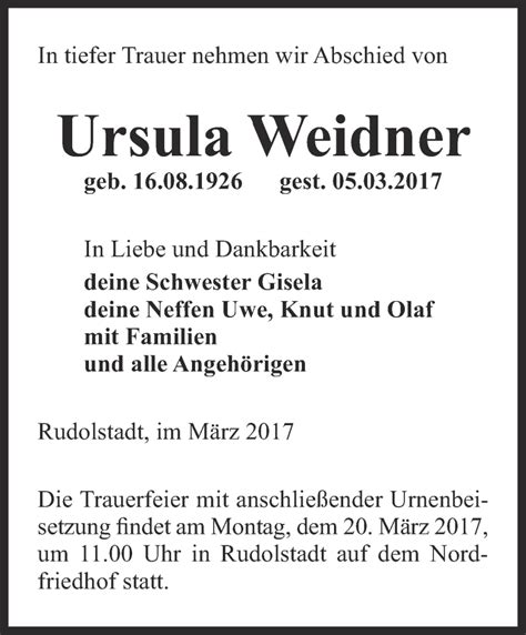 Traueranzeigen Von Ursula Weidner Trauer In Thueringen De