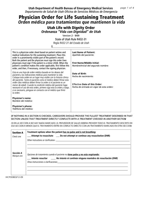 Physician Order For Life Sustaining Treatment Template With Spanish