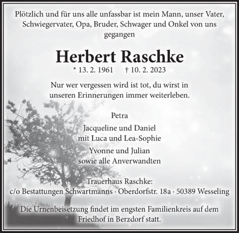 Traueranzeigen Von Herbert Raschke WirTrauern