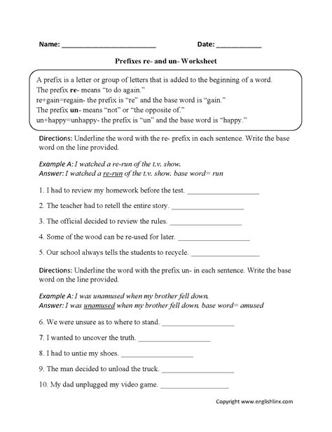 Prefix Worksheet For Grade 5