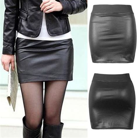 Women Sexy Black Pu Leather Pencil High Waist Mini Dress Short Skirt