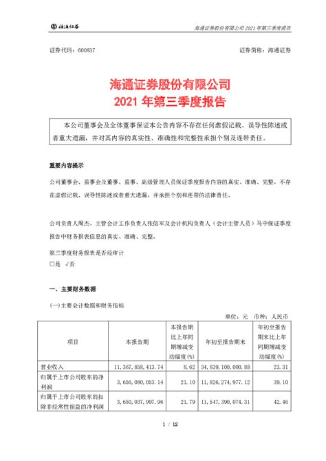 海通证券：海通证券股份有限公司2021年第三季度报告