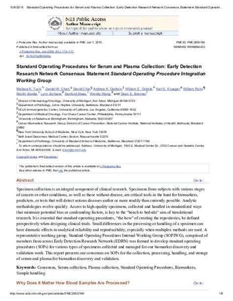 Pdf Standard Operating Procedures For Serum And Plasma Collection