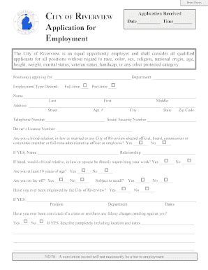 Fillable Online City Of Riverview Application For Employment Fax Email