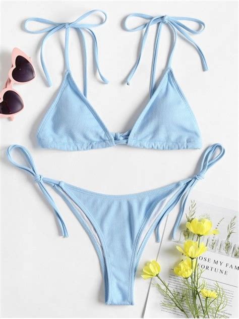 59 OFF 2020 Tie Shoulder String Bikini In LIGHT SKY BLUE ZAFUL