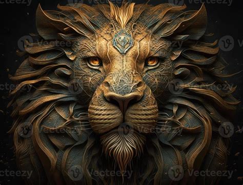 Close Up Portrait Of Fantasy Lion With Oriental Ornament Elements