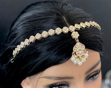 Kundan Head Band Sheesh Phool Tikka Damini Gold Kundan Matha