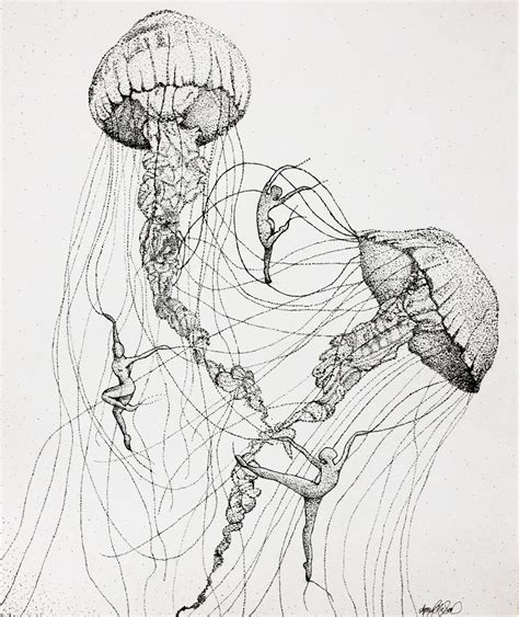 Jellyfish Dancers Stippling In Ink By Amygatorrr Pen And Ink