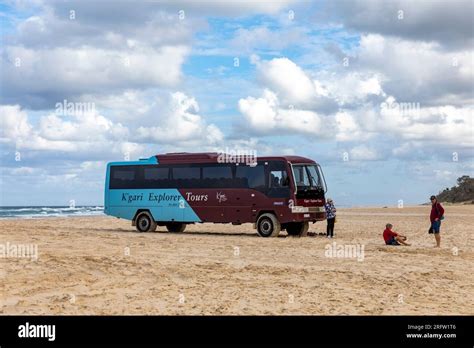 Fraser Island Tour Bus On Mile Beach Queensland Australia Stock