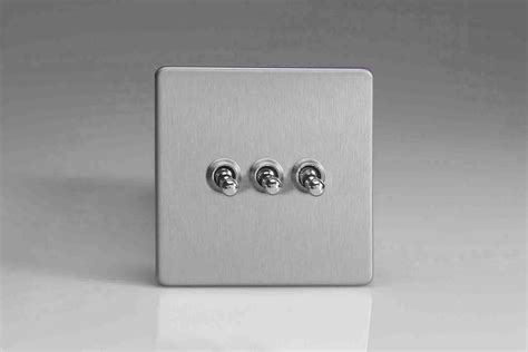 Varilight Flat Plate Screwless Brushed Steel 3 Gang 10A 1 Or 2 Way