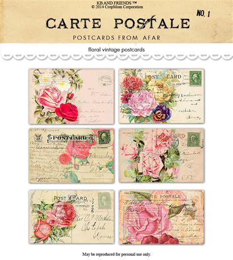 Romantic Vintage Floral Postcards Printable Shabby Chic Cards