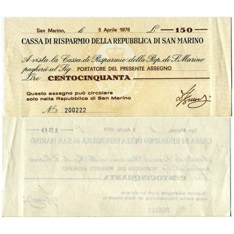 1976 Check San Marino 150 Lire Cassa Di Risparmio Della Repubblica