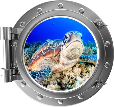 Port Scape Grumpy Sea Turtle WALL DECAL Porthole 3D Window Etsy