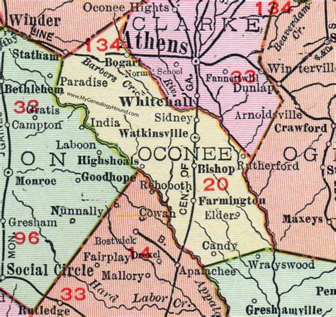 Oconee County, Georgia, 1911, Map, Watkinsville, Bishop, Farmington ...