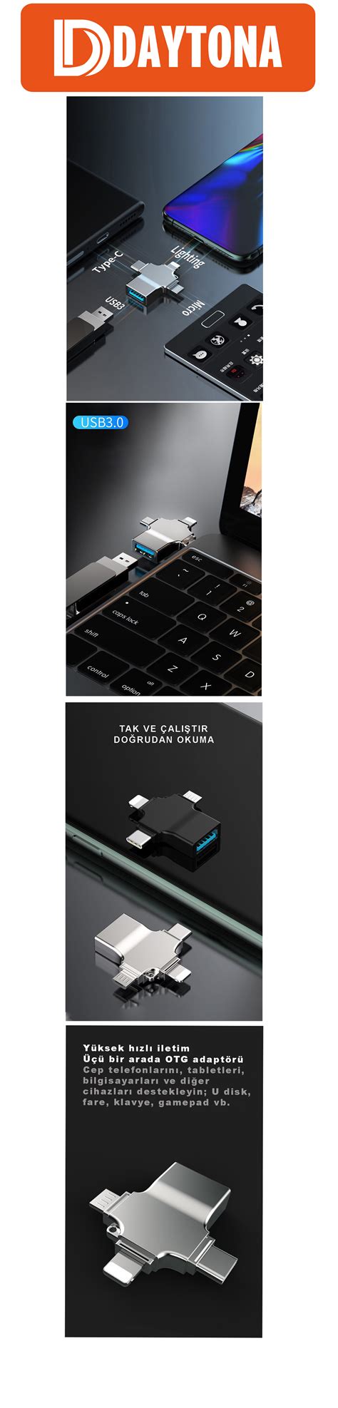 Daytona Hc Lightning Type C Micro To Usb Bellek Fiyat